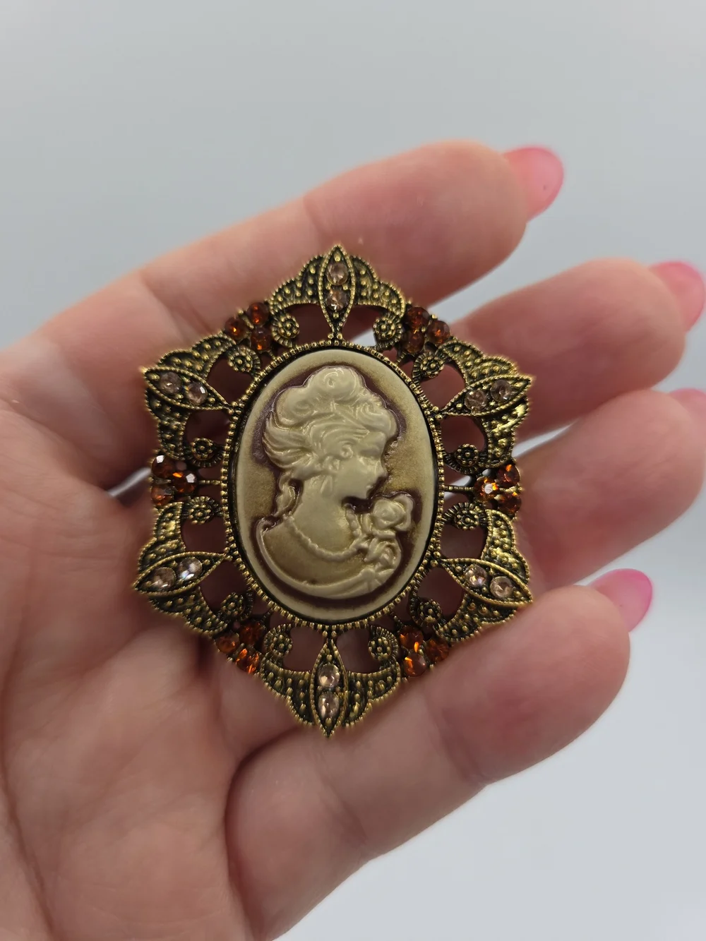 Vintage Style Cameo Brooch with Gold Filigree and Amber Crystal Accents